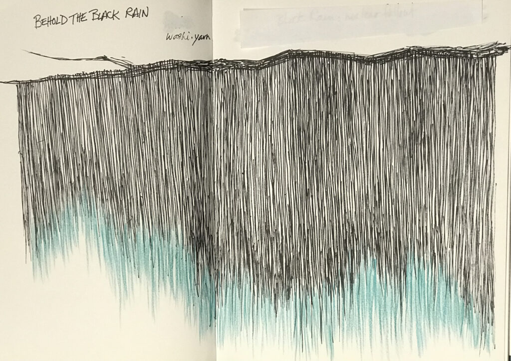 Photo of a sketch of Lillian's new piece entitled "Between Despair and Hope. BEHOLD THE BLACK RAIN" which addresses the world's environmental crisis and nuclear testing.