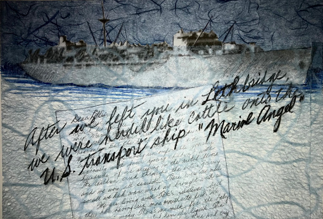 Collage of US transport ship "Marine Angel" on blue washi paper