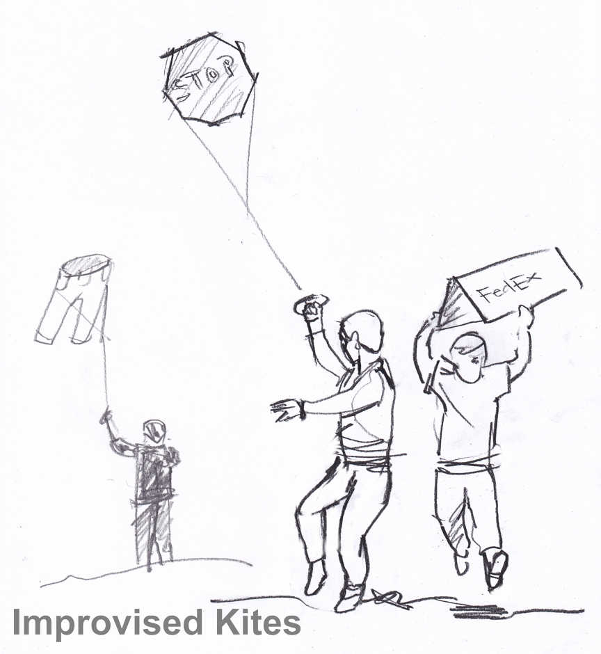 illustration of 3 people flying kites that are charmingly made up of a stop sign, a pair of pants and a fed ex shipping box.